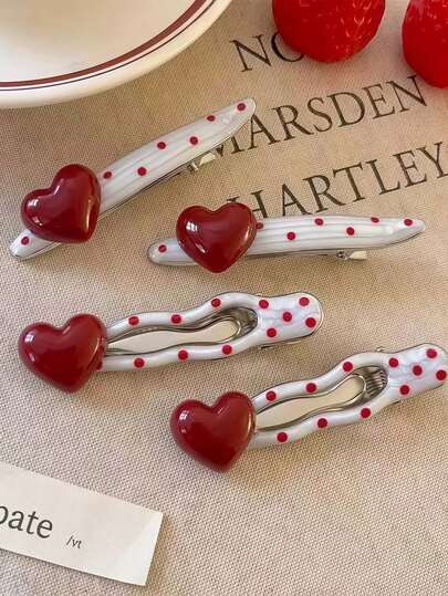 3pcs Red Polka Dot Heart Metal Hair Clips, Random Color & Style, Girly Bangs Hairpins, Side Bangs Duck Clips Hair Accessories, Sweet Multifunctional Hair Clips