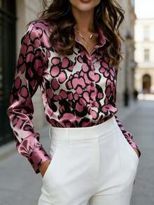 This Women's Long Sleeve Satin Printed Shirt Features A Fashionable Animal Print Design And Classic Button Details, Very Suitable For Everyday Wear. - Red Violet - View 2