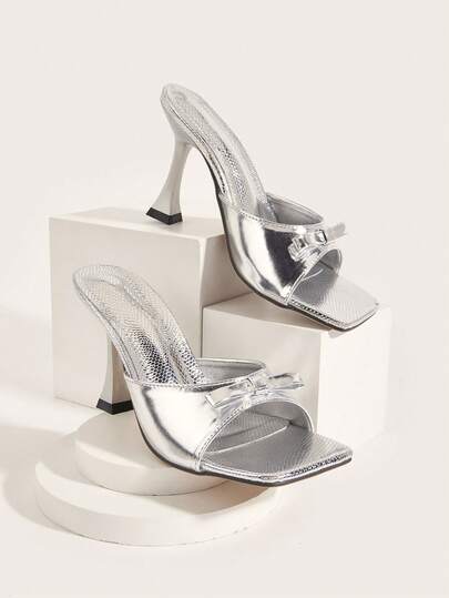 Silver Metallic Embossed Texture Handmade Bow Decor Stiletto Heel Sandals, Versatile, Fashionable Women High Heels. Bow Pattern And Direction Random, Embossed Texture Pattern Random