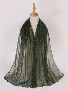 1pc New Headscarf Salon, European & American Style Sequin Border Headscarf, Autumn Silk Scarf Shawl, Suitable Pairing With Dresses GVI4 - 深綠色 - 查看 2