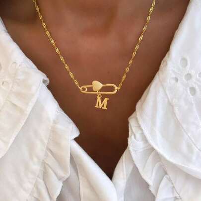 1pc New Heart Pin Initial Pendant Gold Color Stainless Steel Water Wave Chain Necklace For Women
