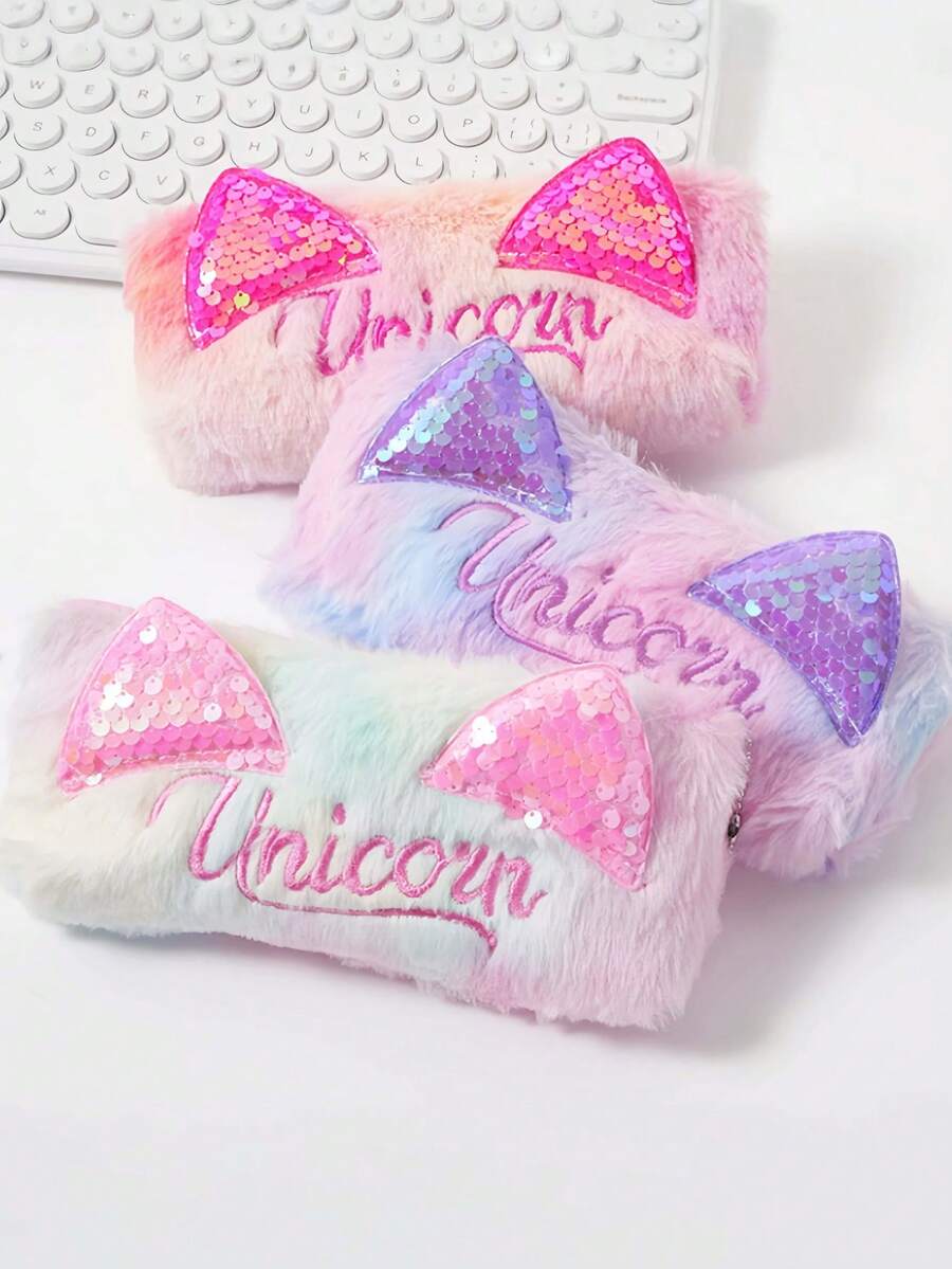 1pc Cartoon Cat Ear Sequin Ombre Large Capacity Zipper Pencil Case, Cute Creative Simple Plush Pencil Bag For Girls, Kitty Pencil Pouch, Adorable High-Quality Storage Bag, Soft Touch Pencil Case, Creative Stationery Organizer, Gift Plush Pencil Bag - Multicolor - View 1