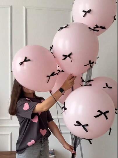 92/102pcs/Set Pink Latex Balloons With Black Bow Tie, Outdoor Photo Prop, Bow Tie Decor, Valentine's Day, Birthday Party, Wedding