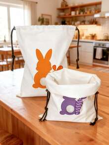 4pcs Colorful Rabbit & Carrot Linen Drawstring Bags, Reusable Storage Pouches For Restaurants, Camping, Kitchen, Jewelry, Cosmetics, Party Favors, Easter Supplies - Multicolor - View 3