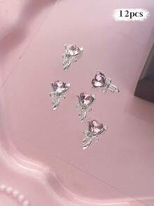 12/240件粉色系列金属美甲饰品：心形、行星、月亮、十字架、蝴蝶结、泰迪熊、星光、水钻银色美甲装饰，奢华金属美甲用品，闪亮粉色水晶美甲宝石，适用于多功能DIY美甲配件 - 彩色 - 查看 32