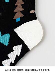 1/4 双男女通用情侣撞色卡通煎蛋、胡萝卜、仙人掌、山树图案艺术设计精梳棉中筒袜，适合旅行、居家、办公、节日礼物 - 彩色 - 查看 5