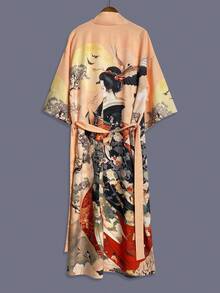 Kimono de estilo tradicional japonés con estampado de belleza, de manga 3/4 y longitud media como chaqueta fina, elegante y casual para uso en la calle, suelto, adecuado para la playa, viajes, vacaciones, ropa de estar en casa, bata, fiesta, bata de baño - Champán - Ver 2