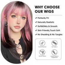 [Popular Choice] 20-Inch Long Straight Pink Gradient Black Wig With Bangs, Synthetic Women's Hair For Daily Use, Parties, Cosplay, Music Festivals, Halloween, And Christmas - Ombre - View 8