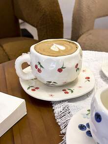 1pc Ins Style Hand-Painted Underglaze Ceramic Coffee Mug, Asymmetrical Hand-Molded Cup, Cute Fruit Pattern Coffee Mug For Home, Afternoon Tea, Milk, Juice, Beverage, Gift For Family, Friends Back To School - Multicolor - View 9