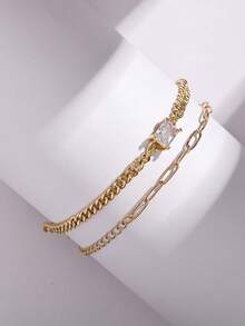 2pcs Alloy Luxury Men's Bracelet Set, Paperclip & Rectangular Cubic Zirconia Pendant, Fashionable Accessory For Daily Wear - Yellow Gold - View 4