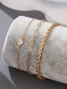 3pcs Alloy Bracelets - Twisted Rope Chain, Safety Pin Chain, Cube Zirconia Decor Mixed Style Bracelets, Suitable For Daily Wear - Yellow Gold - View 2