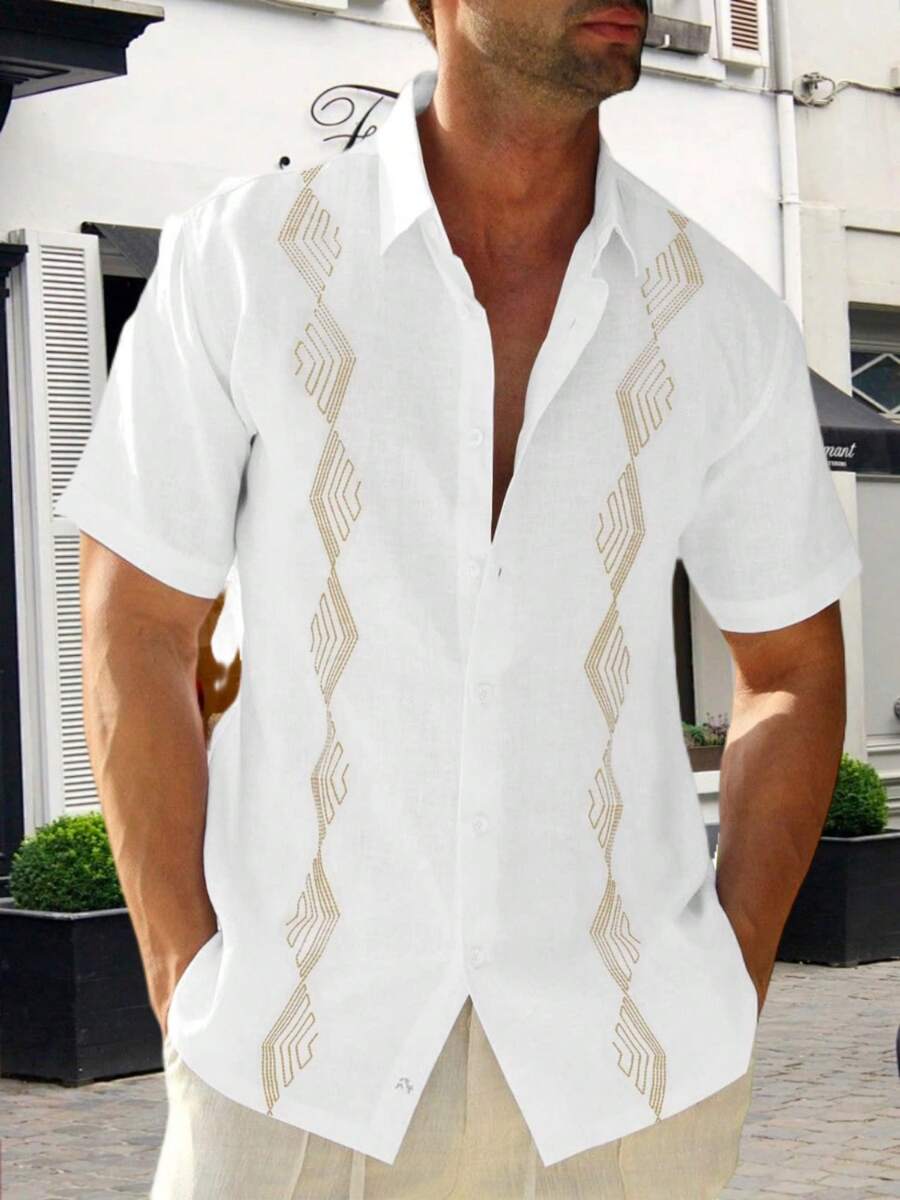 Runcati Men's Cuban Guayabera Shirt Linen Cotton Short Sleeve Mexican Beach Wedding Shirt, Elegant Resort Button Down Top Lightweight Breathable For Summer - 白色 - 查看 1