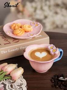 shoxil 一套咖啡杯碟，粉色立体花朵咖啡杯牛奶杯水杯陶瓷杯 - 粉紅色花瓣杯碟套裝 - 查看 5