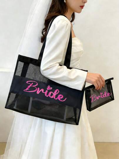 1set Portable Large-Capacity Mesh Tote Bag And Mesh Makeup Bag, Fuchsia Bride Letter Pattern Mesh Beach Bag, Portable Multi-Functional Storage Bag, Bridal Bag, Ideal For Shopping, Weddings, Summer, Vacations, Beaches, Travel, And Commuting. A Perfect Gift For Bridesmaids And Weddings. Also A Great Gift For Friends, Family, Birthdays, And Best Friends.