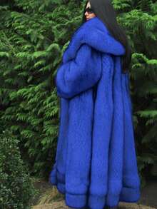 FHILLINUO 1 pieza Abrigo largo con capucha de piel sintética para mujer, blanco con puntas negras de piel artificial, corte holgado, elegante para vacaciones, uso diario, viajes, fiestas de té, Navidad, vacaciones de otoño/invierno - azul real - Ver 3