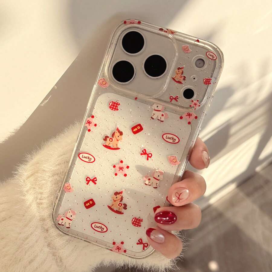 Kavenfort 透明闪光格子木马新年礼物帽木马适用于 17 Pro 手机壳，Apple 16 闪光 15 全包软壳 14，仙女，女孩，创意，节日，几何，韩式，极简，可爱，撞色，小众，可爱宠物，ins风 - 透明細閃 - 查看 1