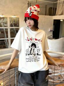 2026春夏新款女式休闲宽松英文卡通图案圆领套头衫 - 白色 - 查看 3