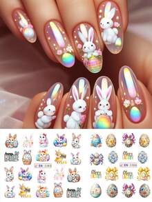 Pegatinas de transferencia de agua para decoración de uñas con diseño de conejo, huevo y flor de dibujos animados - Pegatinas deslizantes de arte de uñas con diseño lindo, accesorios de manicura y suministros de arte de uñas - Multicolor - Ver 2