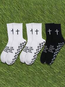 1/2/3 Pairs Cross & Football Pattern Sports Socks, Yoga Socks, Basketball Socks, Cycling Socks, Dot Grip Socks, Trending Unisex Athletic Socks, All Season - Multicolor - View 1