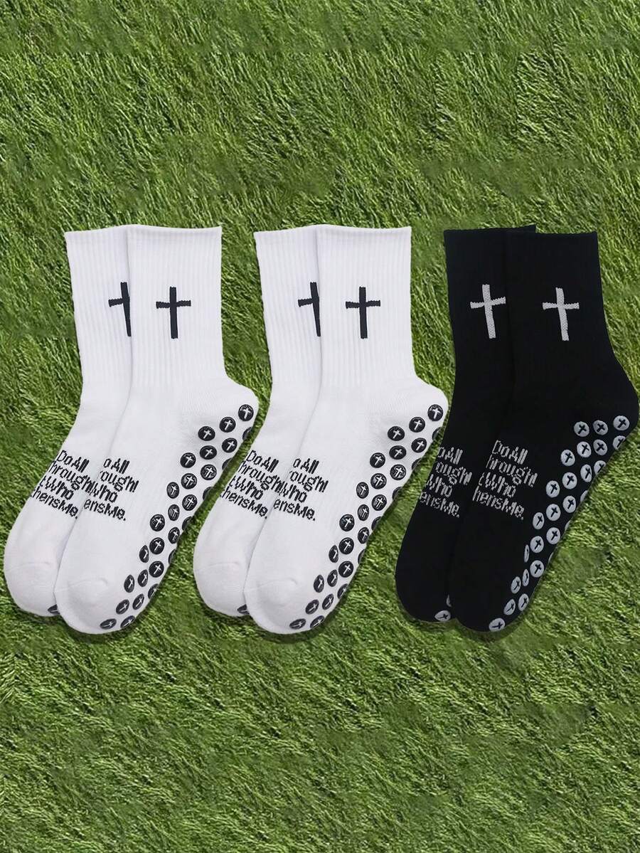 1/2/3 Pairs Cross & Football Pattern Sports Socks, Yoga Socks, Basketball Socks, Cycling Socks, Dot Grip Socks, Trending Unisex Athletic Socks, All Season - Multicolor - View 1