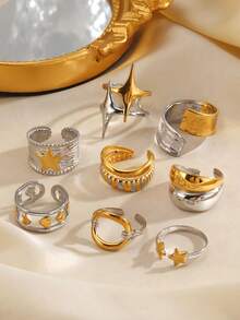 1 件不锈钢几何星形开口戒指，时尚简约珠宝适合女性日常佩戴 - 彩色 - 查看 6