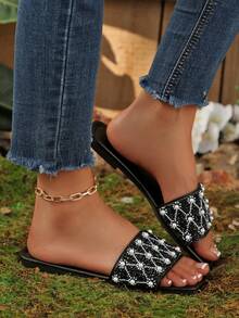 Women's Plus Size Flat Sandals, Vacation Style, Casual & Versatile, Rhinestone Decor Slip-On Slippers - Brown - View 3