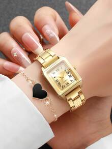 2pcs/Set Women's Gift Watch - Square Roman Numeral Dial Elegant Quartz Wristwatch + Heart Charm Bracelet (Watch Box Not Included) - Gold - View 2