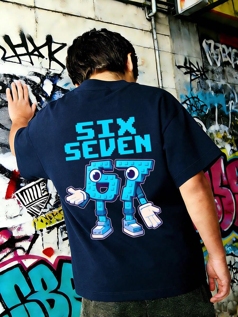 Boys' "Italian Brain Funny Number 67" Graphic Print Soft & Comfortable Fabric Fashionable Summer Top - Navy Blue - View 1
