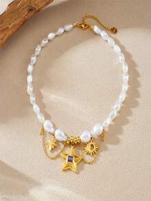 1 pieza Collar corto de mujer con colgante de octágono y estrella de cinco puntas, estilo de moda callejera dulce y moderno - Dorado - Ver 3