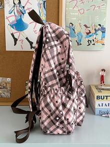 1个尼龙格子大容量背包，时尚休闲学生背包，男女通用 - 粉色 - 查看 2