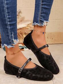 新款方头单带女鞋，透气豹纹印花，橡胶软底，适合妈妈们，四季皆宜 - 黑色 - 查看 3