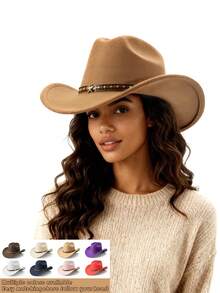 Unisex Felt Fedora Hat Decorated With A Star And Belt Buckle, Suitable For Parties, Western-Themed Events, Gatherings, Role-Playing, Graduation Ceremonies, Costume Balls, Festivals, Birthday Celebrations, Music Festivals, Hiking Trips, As Well As Daily Photo Shoots. - Style 1 - View 12