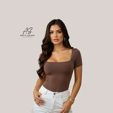 Set Of 4 Baby Look Blouses With Double Front Lining And Square Neckline. Simple. None. Vacation. Beach. - NEGRO/MARRÓN/LILA/AMARILLO - Ver 4