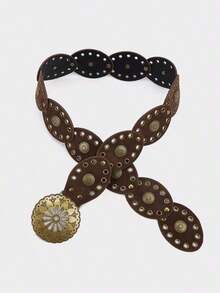 1pc Western Cowgirl Boho Style Women's Belt, Boho Belt, Western Belt, Gothic Velvet Patchwork Belt, Women's Fashion Accessory, Autumn/Winter Coffee & Antique Bronze Floral Oval Belt, Dress Accessory, Party, Beach, Music Festival, Y2K Style Belt, Valentine's Day - 黑色 4 - 查看 5