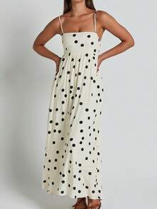 Women Summer Spaghetti Strap Dress Casual Dot Print Backless A-Line Party Dress For Vacation Cocktail Beach Streetwear - 杏色 - 查看 2