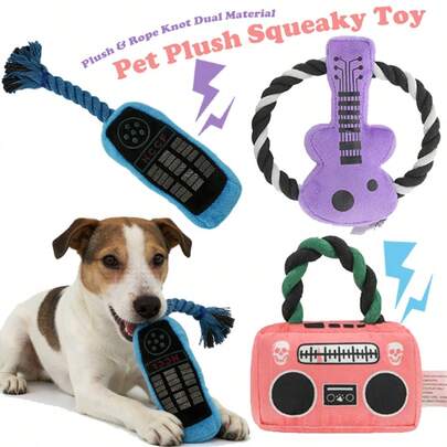 1个宠物发声玩具，毛绒/打结双材质，耐咬耐嚼，内置BB音效，刺激宠物互动，收音机/吉他/电话造型，鲜艳色彩吸引宠物注意力，打结设计便于互动，清洁牙齿，保护牙龈，宠物用品，宠物玩具，宠物情人节礼物