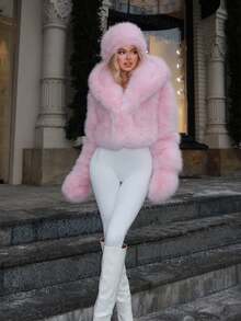 Women's Valentine Pink Faux Fur Coat Winter Hooded Fox Fleece Plush Warm Jacket - 粉色 - 查看 4