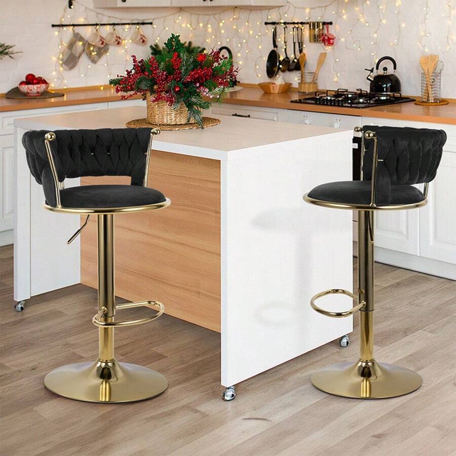 Modern Velvet 360-Degree Rotating Height Adjustable Bar Stool (Set of 2) with Backrest and Pedals - Schwarz - Übersicht 1