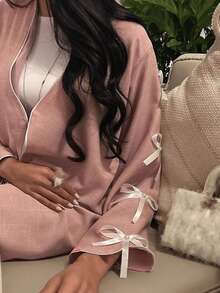 Đầm Abaya màu hồng thắt nơ dành cho nữ, kiểu dáng thanh lịch Trung Đông. - Hồng - Xem 4