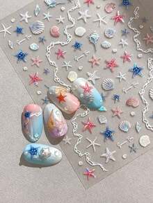 1片5D贝壳和海星美甲贴纸，海洋假日自粘DIY美甲贴纸 - 美甲用品及装饰品，适合女孩和女士，适用于秋冬季、圣诞节、夏季美甲，适用于家庭美甲和美甲沙龙。 - 彩色 - 查看 4