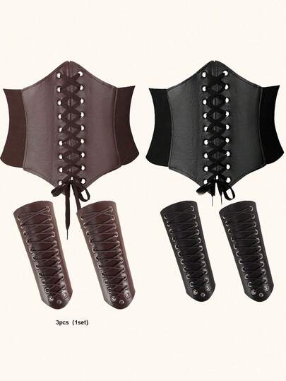 3件套复古腰带和臂环套装，中世纪角色扮演臂环和腰带，适合万圣节服装派对