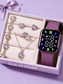 6/1pc Fashionable Elegant Cute And Classic Numeric Display Minimalist Pattern Electronic Watch, Suitable For Teenagers. Includes A Set Of Crystal Heart-Shaped Jewelry Including Bracelet, Necklace, Earrings And Ring, Designed For Students. Suitable For Daily Wear By Students, Such As Back To School, Parties Or Travel, Also Makes A Great Gift For Friends, Birthday, Graduation, Holiday, Thanksgiving, Or Gift For Mom, New Year 2026 - Multicolor - View 10