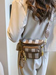 Fashionable Women's Large Capacity Multi-Function Plaid Shoulder Crossbody Bag, Stylish Sports Phone Pouch - Brown - View 3