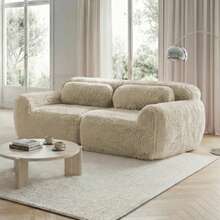 Double Sofa, Soft Fabric, Modular Frameless Design, Freely Combinable, With Cushions. Soft, High-Elasticity Foam, Non-Slip Flooring, Ideal For Living Room, Bedroom, Light Khaki - 卡其色 - 查看 3