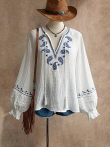 Rusttydustty Áo sơ mi kiểu Bohemian thêu tua rua, áo kiểu nông dân cổ chữ V bằng vải lanh trắng, trang phục đi biển, lễ hội âm nhạc, kỳ nghỉ nhiệt đới mùa xuân - trắng - Xem 5