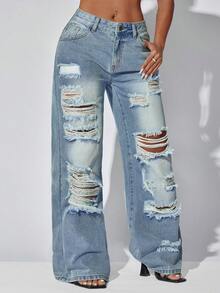 Low Waist Wide Leg Casual Blue Jeans With Slant Pockets For Women - Blue - View 5