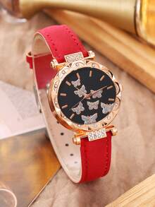 Women's Butterfly & Starry Sky Dial Leather Quartz Watch Set - Black - View 4