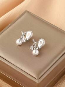 1对时尚新款仿珍珠交叉夹式耳环，优雅女士耳环，适合日常佩戴和送礼 - 耳夾 - 查看 10