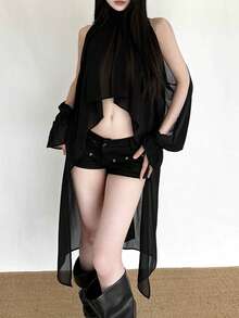 Women's Sweet & Fresh Casual Blouse, Off-Shoulder Long Sleeve Tie Neck Irregular Hem Woven Shirt, Solid Color Tie-Up Asymmetric/Irregular Sheer Casual Office Daily Date Wear, Spring/Summer/Autumn Black - Black - View 5