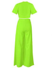 2pcs/Set Women Green Solid Color Round Neck Cropped Top + Loose Pants Casual Suit, Spring/Summer - Green - View 2